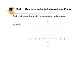 Dado as inequações abaixo, represente-a graficamente:
2.16 Representação de Inequação no Plano
0>=y
2
3
4
y
−4 −3 −2 −1 1 2 3 4
−4
−3
−2
−1
1
2
x
 
