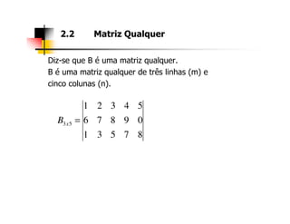 Diz-se que B é uma matriz qualquer.
B é uma matriz qualquer de três linhas (m) e
cinco colunas (n).
2.2 Matriz Qualquer
54321
87531
0987653 =xB
 