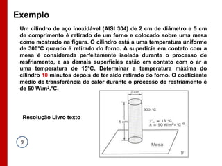 Exemplo
 Um cilindro de aço inoxidável (AISI 304) de 2 cm de diâmetro e 5 cm
 de comprimento é retirado de um forno e colocado sobre uma mesa
 como mostrado na figura. O cilindro está a uma temperatura uniforme
 de 300°C quando é retirado do forno. A superfície em contato com a
 mesa é considerada perfeitamente isolada durante o processo de
 resfriamento, e as demais superfícies estão em contato com o ar a
 uma temperatura de 15°C. Determinar a temperatura máxima do
 cilindro 10 minutos depois de ter sido retirado do forno. O coeficiente
 médio de transferência de calor durante o processo de resfriamento é
 de 50 W/m2.°C.




  Resolução Livro texto



 9
 