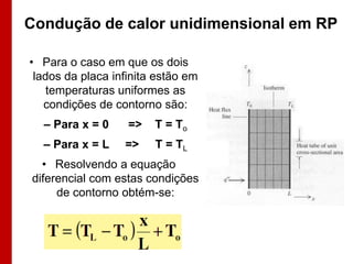 Condução de calor unidimensional em RP

• Para o caso em que os dois
 lados da placa infinita estão em
    temperaturas uniformes as
   condições de contorno são:
  – Para x = 0     =>   T = To
  – Para x = L    =>    T = TL
  • Resolvendo a equação
diferencial com estas condições
     de contorno obtém-se:
 
