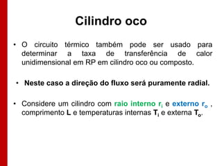 Cilindro oco
• O circuito térmico também pode ser usado para
determinar a taxa de transferência de calor
unidimensional em RP em cilindro oco ou composto.
• Neste caso a direção do fluxo será puramente radial.
• Considere um cilindro com raio interno ri e externo ro ,
comprimento L e temperaturas internas Ti e externa To.

 