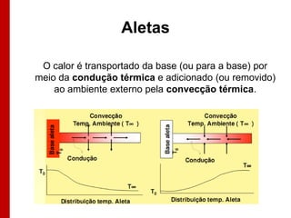 Aletas
O calor é transportado da base (ou para a base) por
meio da condução térmica e adicionado (ou removido)
ao ambiente externo pela convecção térmica.

 