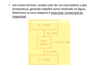 • Um motor térmico recebe calor de um reservatório a alta
  temperatura, gerando trabalho como mostrado na figura.
  Determine se essa máquina é reversível, irreversível ou
  impossível.
 