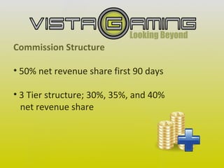 Commission Structure 50% net revenue share first 90 days 3 Tier structure; 30%, 35%, and 40% net revenue share 