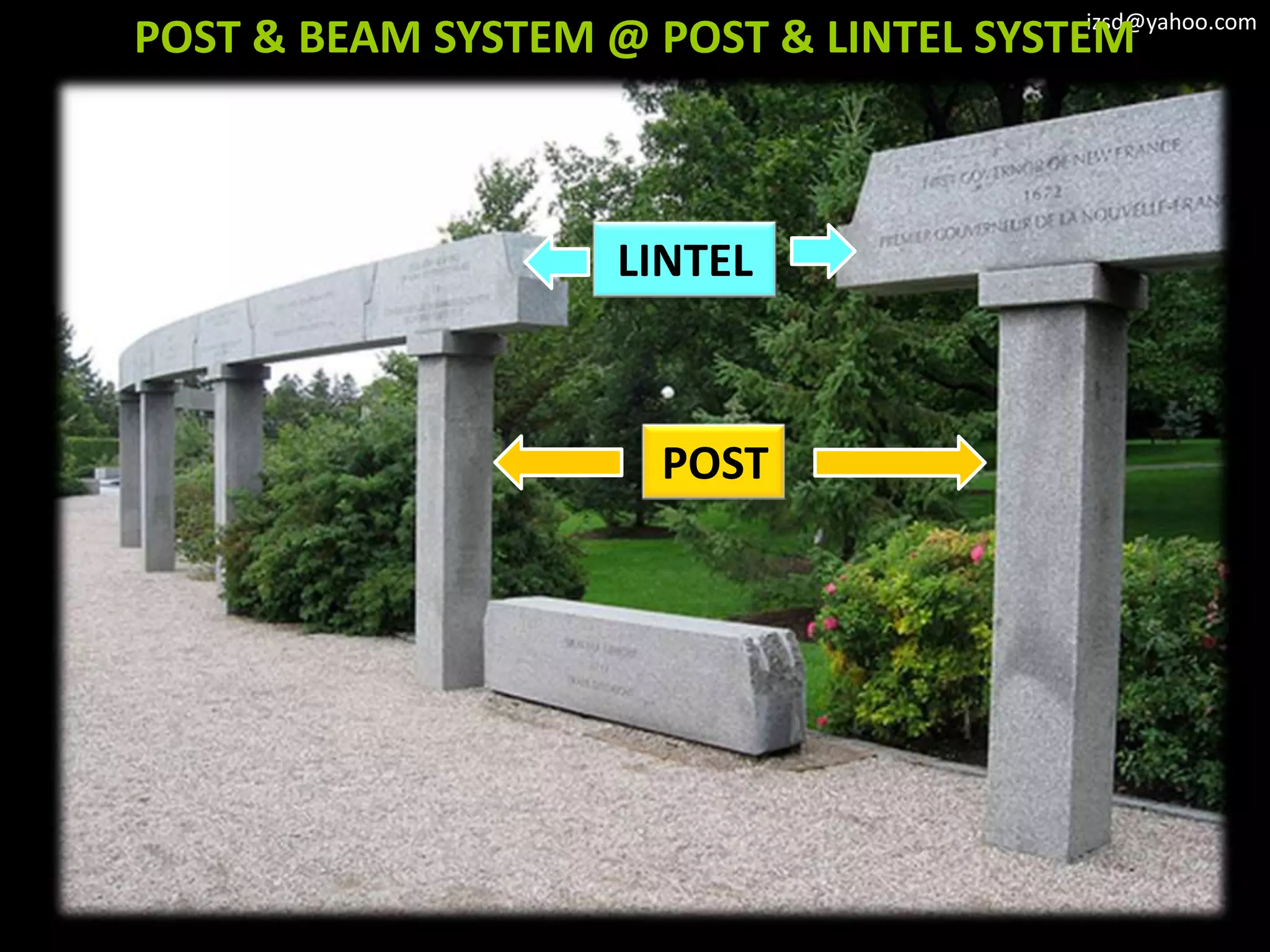 izsd@yahoo.com
POST & BEAM SYSTEM @ POST & LINTEL SYSTEM



                       LINTEL



                         POST
 