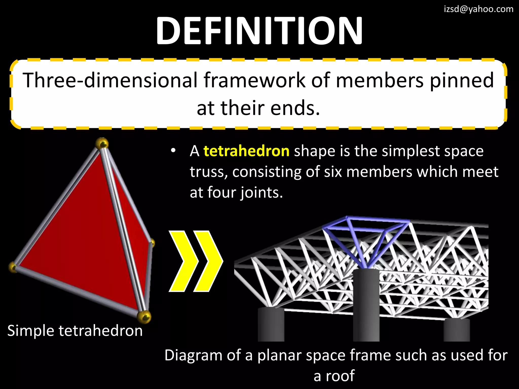 izsd@yahoo.com


                     DEFINITION
  Three-dimensional framework of members pinned
                   at their ends.
                     • A tetrahedron shape is the simplest space
                       truss, consisting of six members which meet
                       at four joints.




Simple tetrahedron
                     Diagram of a planar space frame such as used for
                                          a roof
 