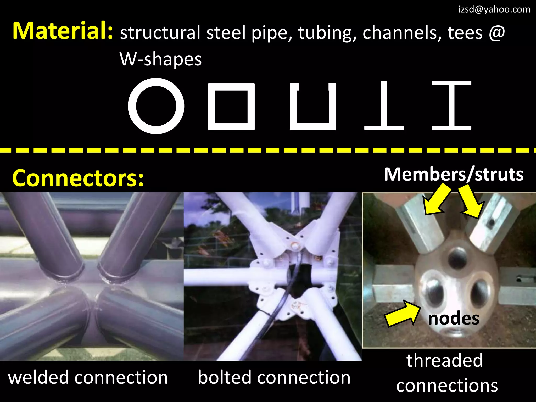 izsd@yahoo.com

Material: structural steel pipe, tubing, channels, tees @
            W-shapes




Connectors:                               Members/struts




                                               nodes

                                             threaded
welded connection    bolted connection      connections
 