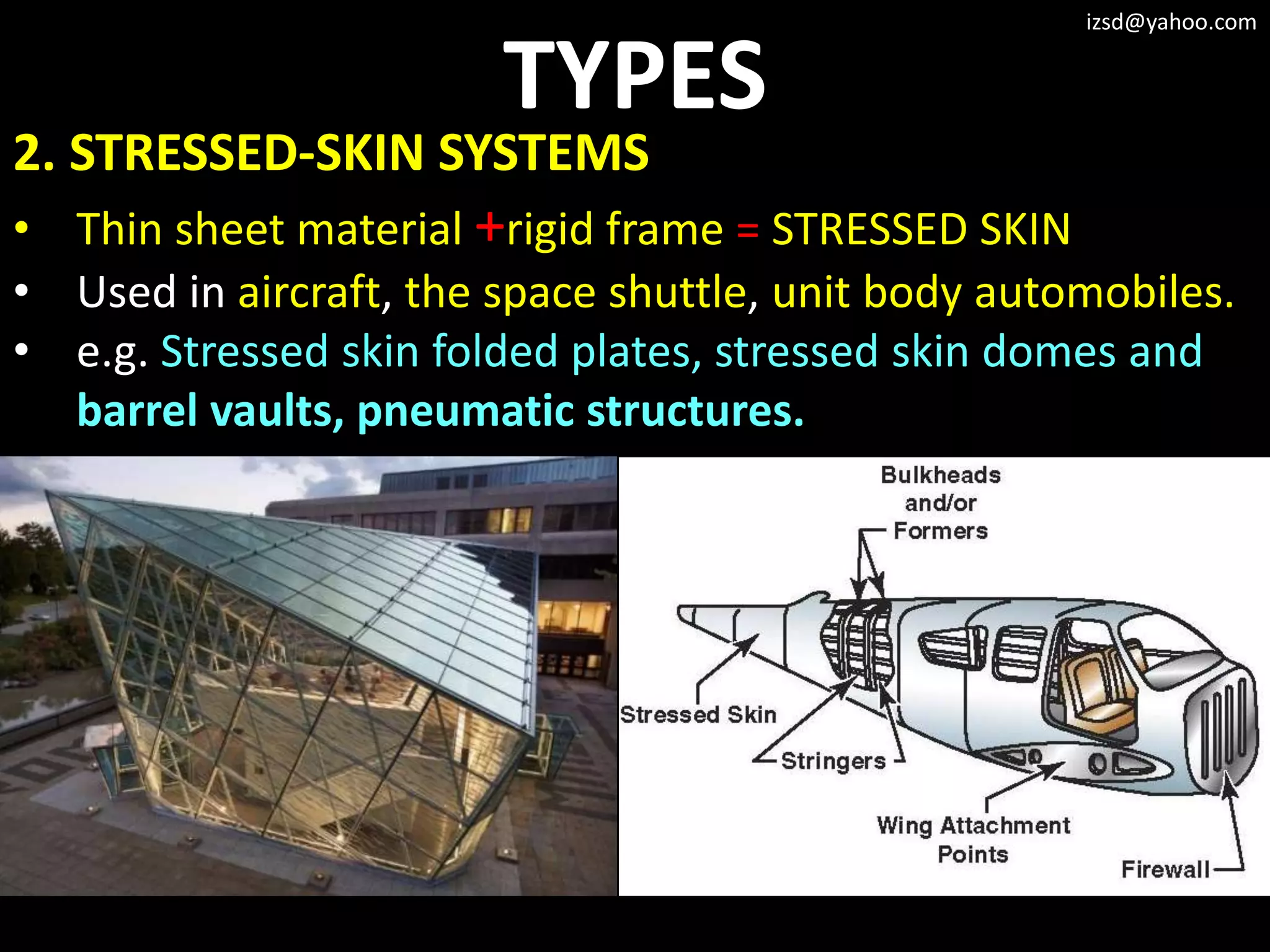 izsd@yahoo.com


                        TYPES
2. STRESSED-SKIN SYSTEMS
• Thin sheet material +rigid frame = STRESSED SKIN
• Used in aircraft, the space shuttle, unit body automobiles.
• e.g. Stressed skin folded plates, stressed skin domes and
  barrel vaults, pneumatic structures.
 