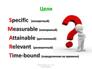 ֧ݧ

Specific (ܧߧܧ֧ߧ)
Measurable (ڧ٧ާ֧ڧާ)
Attainable (էڧاڧާ)
Relevant (֧ݧ֧ӧѧߧߧ)
Time-bound (֧է֧ݧ֧ߧߧѧ ӧ ӧ֧ާ֧ߧ)
               ܧݧ ѧܧڧӧ, 5.10 - 7.10,
                  "ѧߧӧڧէӧ"
 