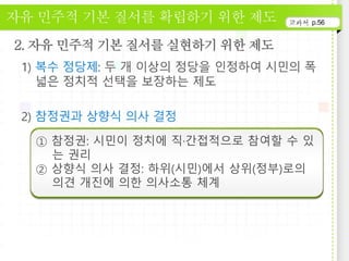 p.56
① 참정권: 시민이 정치에 직·간접적으로 참여할 수 있
는 권리
② 상향식 의사 결정: 하위(시민)에서 상위(정부)로의
의견 개진에 의한 의사소통 체계
 
