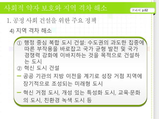 p.62
① 행정 중심 복합 도시 건설: 수도권의 과도한 집중에
따른 부작용을 바로잡고 국가 균형 발전 및 국가
경쟁력 강화에 이바지하는 것을 목적으로 건설하
는 도시
② 혁신 도시 건설
공공 기관의 지방 이전을 계기로 성장 거점 지역에
장기적으로 조성되는 미래형 도시
혁신 거점 도시, 개성 있는 특성화 도시, 교육·문화
의 도시, 친환경 녹색 도시 등
 