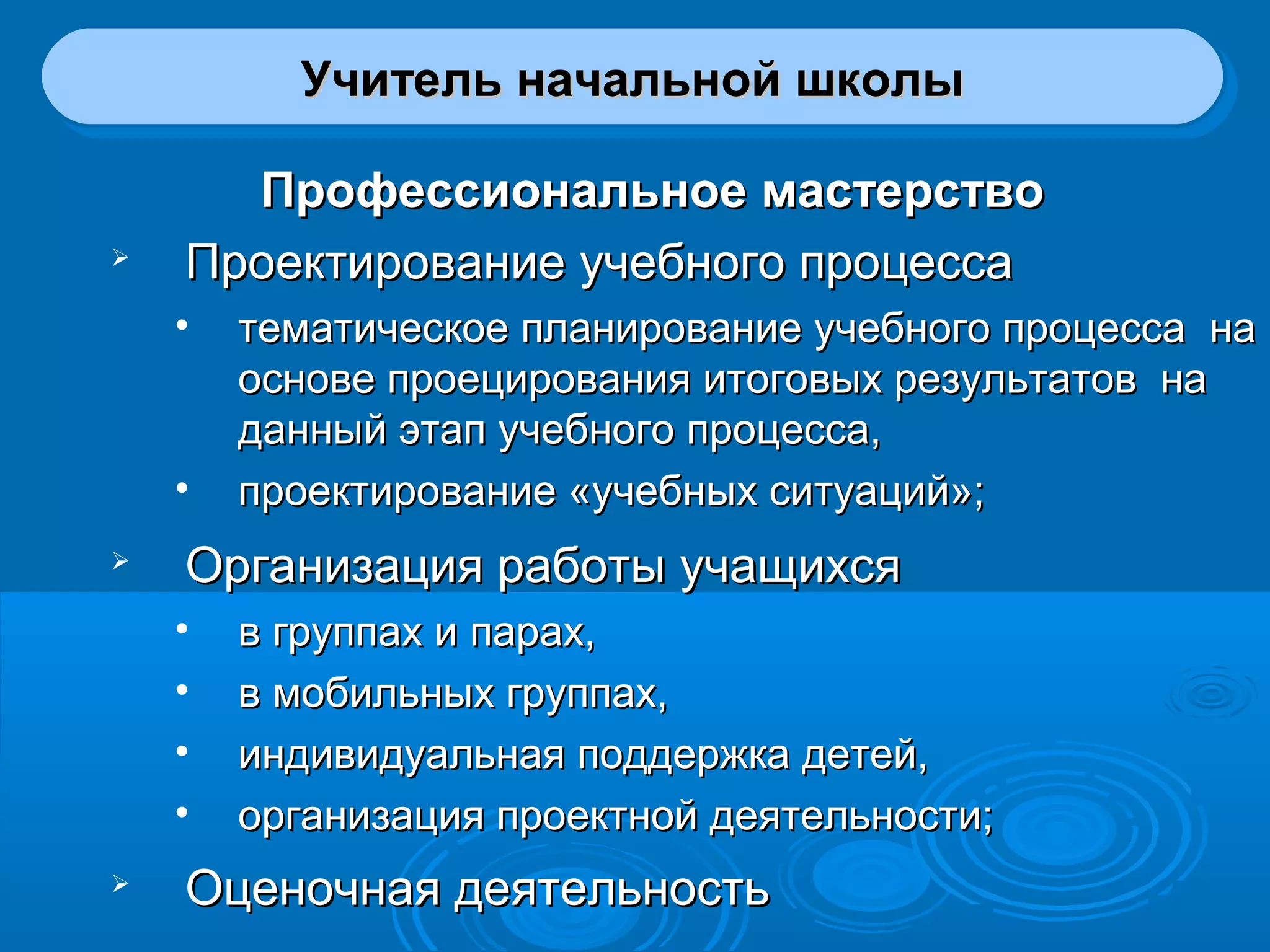 Учитель начальной школыУчитель начальной школыУчитель начальной школыУчитель начальной школы
Профессиональное мастерствоПрофессиональное мастерство

Проектирование учебного процессаПроектирование учебного процесса
• тематическое планирование учебного процесса натематическое планирование учебного процесса на
основе проецирования итоговых результатов наоснове проецирования итоговых результатов на
данный этап учебного процесса,данный этап учебного процесса,
• проектирование «учебных ситуаций»;проектирование «учебных ситуаций»;

Организация работы учащихсяОрганизация работы учащихся
• в группах и парах,в группах и парах,
• в мобильных группах,в мобильных группах,
• индивидуальная поддержка детей,индивидуальная поддержка детей,
• организация проектной деятельности;организация проектной деятельности;

Оценочная деятельностьОценочная деятельность
 