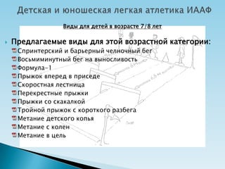 Виды для детей в возрасте 7/8 лет

   Предлагаемые виды для этой возрастной категории:
     Спринтерский и барьерный челночный бег
     Восьмиминутный бег на выносливость
     Формула-1
     Прыжок вперед в приседе
     Скоростная лестница
     Перекрестные прыжки
     Прыжки со скакалкой
     Тройной прыжок с короткого разбега
     Метание детского копья
     Метание с колен
     Метание в цель
 