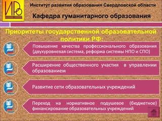Институт развития образования Свердловской области
Кафедра гуманитарного образования
Приоритеты государственной образовательной
политики РФ:
Приоритеты государственной образовательной
политики РФ:
 