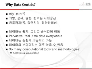 Why Data Centric?
∎ Big Data(?)
∎ 개방, 공유, 융합, 협력은 시대정신
∎ 창조경제(?), 집단지성, 집단창의성
∎ 데이터는 쉽게, 그리고 순식간에 이동
∎ Pervasive, real-time data everywhere
∎ 데이터는 손쉽게 가공처리 가능
∎ 데이터의 부가가치는 매우 높을 수 있음
∎ So many computational tools and methodologies
 Analytics & Visualization
 