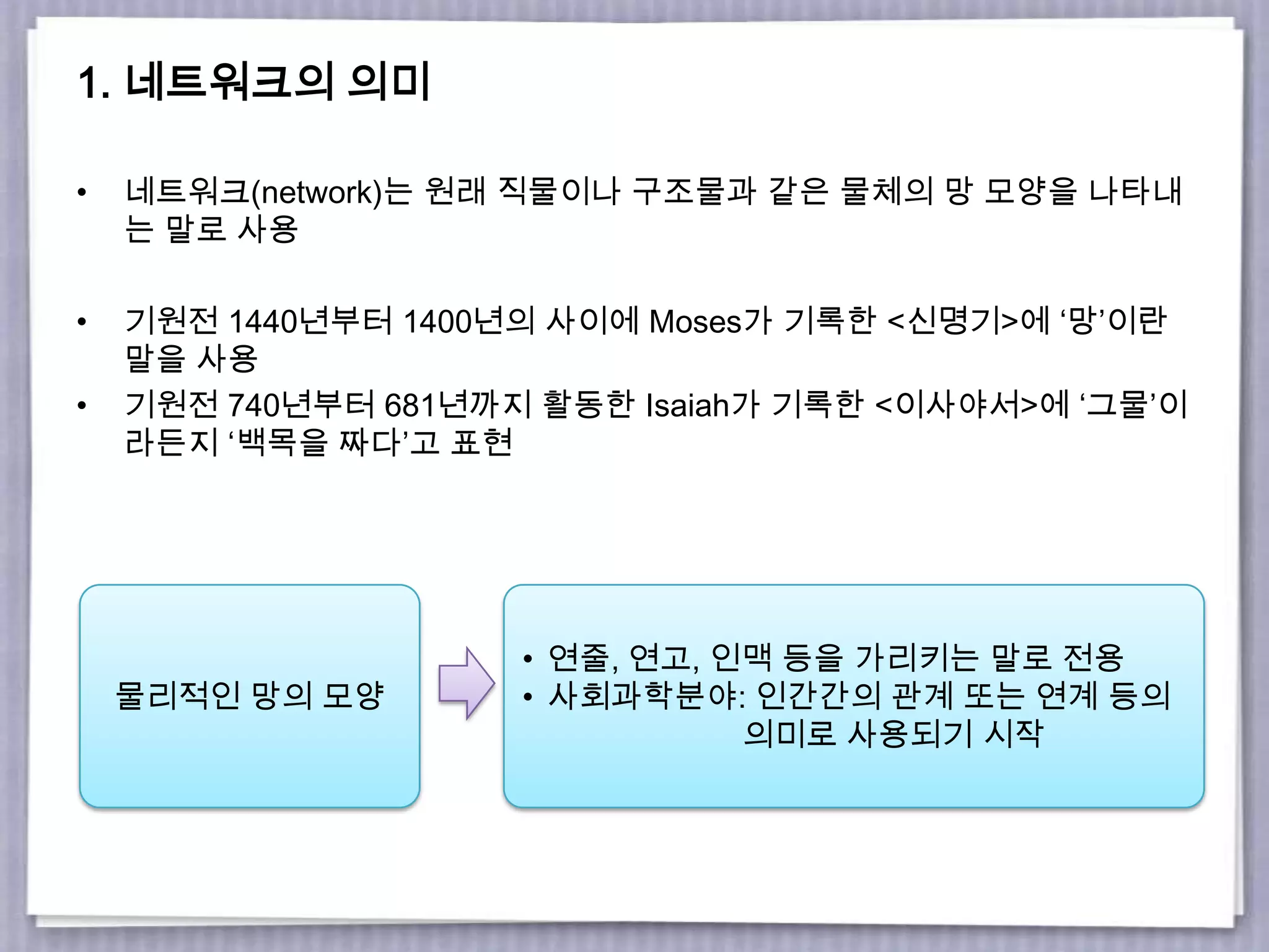 1. 네트워크의 의미
• 네트워크(network)는 원래 직물이나 구조물과 같은 물체의 망 모양을 나타내
는 말로 사용
• 기원전 1440년부터 1400년의 사이에 Moses가 기록한 <신명기>에 ‘망’이란
말을 사용
• 기원전 740년부터 681년까지 활동한 Isaiah가 기록한 <이사야서>에 ‘그물’이
라든지 ‘백목을 짜다’고 표현
물리적인 망의 모양
• 연줄, 연고, 인맥 등을 가리키는 말로 전용
• 사회과학분야: 인간간의 관계 또는 연계 등의
의미로 사용되기 시작
 