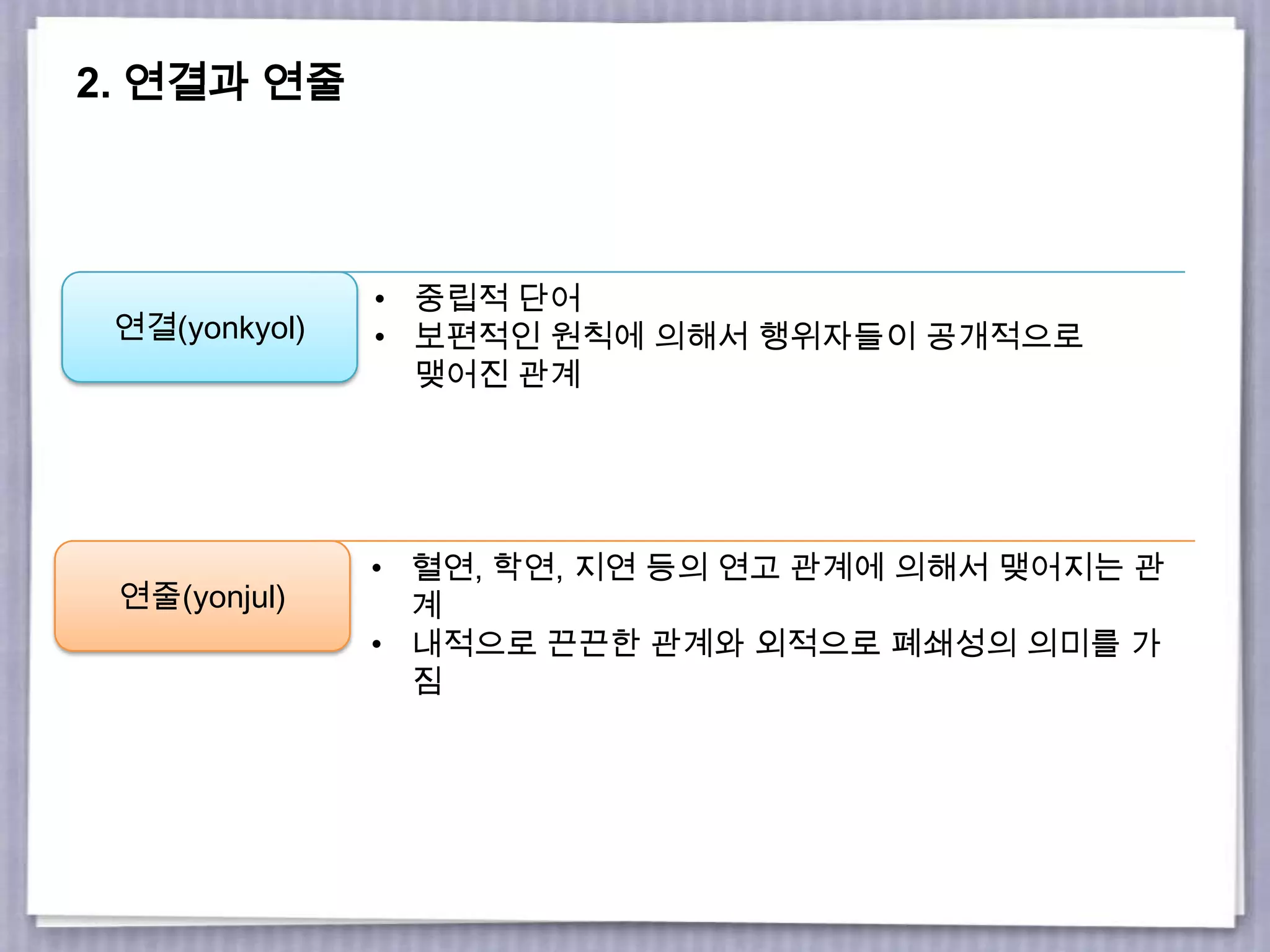 2. 연결과 연줄
연결(yonkyol)
연줄(yonjul)
• 중립적 단어
• 보편적인 원칙에 의해서 행위자들이 공개적으로
맺어진 관계
• 혈연, 학연, 지연 등의 연고 관계에 의해서 맺어지는 관
계
• 내적으로 끈끈한 관계와 외적으로 폐쇄성의 의미를 가
짐
 