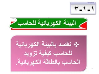 ‫1-1-3‬
‫البيئة الكهربائية للحاسب‬
‫‪ ‬نقصد بالبيئة الكهربائية‬
‫للحاسب كيفية تزويد‬
‫الحاسب بالطاقة الكهربائية.‬
‫01‬

 