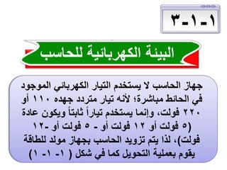 ‫1-1-3‬
‫البيئة الكهربائية للحاسب‬
‫جهاز الحاسب ال يستخدم التيار الكهربائي الموجود‬
‫في الحائط مباشرة؛ ألنه تيار متردد جهده 011 أو‬
‫022 فولت، وإنما يستخدم تياراً ثابتا ً ويكون عادة‬
‫(5 فولت أو 21 فولت أو - 5 فولت أو -21‬
‫فولت)، لذا يتم تزويد الحاسب بجهاز مولد للطاقة‬
‫يقوم بعملية التحويل كما في شكل ( 1- 1- 1)‬

 
