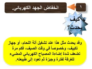 ‫1‬

‫انخفاض الجهد الكهربائي.‬

‫كيف‬
‫يحدث؟‬
‫وقد يحدث مثل هذا عند تشغيل آلة اللحام، أو جهاز‬
‫تكييف، وخصوصا ً في وقت الصيف، فكم مرة‬
‫تضعف شدة إضاءة المصباح الكهربائي المضيء‬
‫للغرفة لفترة وجيزة ثم تعود إلى طبيعته.‬

 