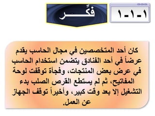 ‫1-1-1‬

‫ِّ‬
‫فكـــــــر‬

‫كان أحد المتخصصين في مجال الحاسب يقدم‬
‫عرضا ً في أحد الفنادق يتضمن استخدام الحاسب‬
‫في عرض بعض المنتجات، وفجأة توقفت لوحة‬
‫المفاتيح، ثم لم يستطع القرص الصلب بدء‬
‫التشغيل إال بعد وقت كبير، وأخيراً توقف الجهاز‬
‫عن العمل.‬

 