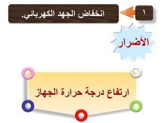 ‫1‬

‫انخفاض الجهد الكهربائي.‬

‫األضرار‬

‫ارتفاع درجة حرارة الجهاز‬

 