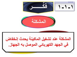 ‫1-1-1‬

‫ِّ‬
‫فكـــــــر‬
‫المشكلة‬

‫المشكلة عند تشغيل الماكينة يحدث إنخفاض‬
‫في الجهد الكهربائي الموصل به الجهاز.‬
‫4‬

 