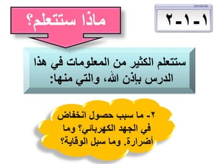 ‫1-1-2‬

‫ماذا ستتعلم؟‬

‫ستتعلم الكثير من المعلومات في هذا‬
‫الدرس بإذن هللا، والتي منها:‬
‫2- ما سبب حصول انخفاض‬
‫في الجهد الكهربائي؟ وما‬
‫أضرارة. وما سبل الوقاية؟‬

 