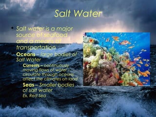 Salt Water 
 Salt water is a major 
source of seafood 
and a means of 
transportation 
 Oceans – large bodies of 
Salt Water 
 Currents – continuously 
moving flows of water – 
circulate through oceans 
affect the climates on land 
 Seas – Smaller bodies 
of salt water 
 Ex. Red Sea 
 
