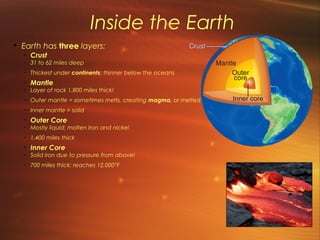 Inside the Earth 
• Earth has three layers: 
- Crust 
- 31 to 62 miles deep 
- Thickest under continents; thinner below the oceans 
- Mantle 
- Layer of rock 1,800 miles thick! 
- Outer mantle = sometimes melts, creating magma, or melted rock 
- Inner mantle = solid 
- Outer Core 
- Mostly liquid; molten iron and nickel 
- 1,400 miles thick 
- Inner Core 
- Solid iron due to pressure from above! 
- 700 miles thick; reaches 12,000°F 
 