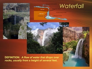 Waterfall 
DEFINITION: A flow of water that drops over 
rocks, usually from a height of several feet. 
 