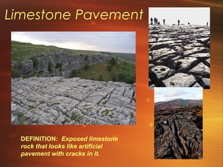 Limestone Pavement 
DEFINITION: Exposed limestone 
rock that looks like artificial 
pavement with cracks in it. 
 