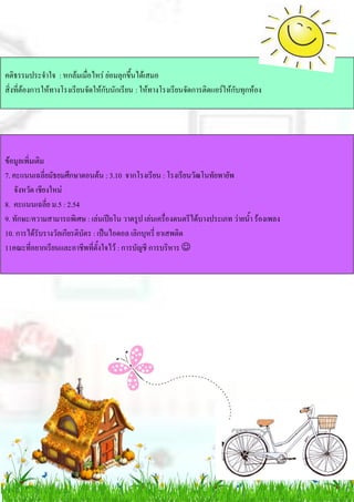 คติธรรมประจาใจ : หกล้มเมื่อไหร่ ย่อมลุกขึ้นได้เสมอ
สิ่งที่ต้องการให้ทางโรงเรียนจัดให้กับนักเรียน : ให้ทางโรงเรียนจัดการติดแอร์ให้กับทุกห้อง
ข้อมูลเพิ่มเติม
7. คะแนนเฉลี่ยมัธยมศึกษาตอนต้น : 3.10 จากโรงเรียน : โรงเรียนวัฒโนทัยพายัพ
จังหวัด เชียงใหม่
8. คะแนนเฉลี่ย ม.5 : 2.54
9. ทักษะ/ความสามารถพิเศษ : เล่นเปียโน วาดรูป เล่นเครื่องดนตรีได้บางประเภท ว่ายน้า ร้องเพลง
10. การได้รับรางวัลเกียรติบัตร : เป็นไอดอล เลิกบุหรี่ ยาเสพติด
11คณะที่อยากเรียนและอาชีพที่ตั้งใจไว้ : การบัญชี การบริหาร 
 