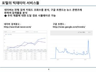 포털의 빅데이터 서비스들
8
네이버는 전체 검색 키워드 조회수를 분석, 구글 트렌드는 뉴스 콘텐츠에
한하여 검색률을 분석
 우리 제품에 대한 도달 경로 시뮬레이션 가능
네이버 검색광고 :
http://searchad.naver.com/
구글 트렌드 :
http://www.google.com/trends/
 