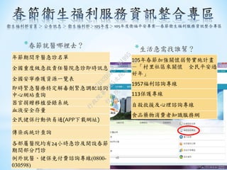 *春節就醫哪裡去？
*生活急需找誰幫？
18
年節期間牙醫急診名單
全國重度級急救責任醫院急診即時訊息
全國安寧療護資源一覽表
即時緊急醫療特定解毒劑緊急調配諮詢
中心網站查詢
器官捐贈移植登錄系統
血液安全存量
全民健保行動快易通(APP下載網址)
傳染病統計查詢
各部屬醫院均有24小時急診及開設春節
期間部分門診
例外就醫、健保免付費諮詢專線(0800-
030598)
105年春節加強關懷弱勢實施計畫
－「村里社區來關懷 全民平安過
好年」
1957福利諮詢專線
113保護專線
自殺救援及心理諮詢專線
食品藥物消費者知識服務網
行
政
院
行
政
院
第
3485次
院
會
會
議
17632D5D23C81995
 