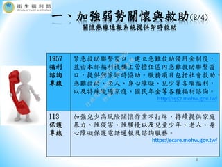 一、加強弱勢關懷與救助(2/4)
關懷熱線通報系統提供即時救助
8
1957
福利
諮詢
專線
緊急救助聯繫窗口，建立急難救助備用金制度，
並由本部福利機構主管擔任區內急難救助聯繫窗
口，提供個案即時協助。服務項目包括社會救助、
急難救助、老人、身心障礙、兒少等各項福利，
以及特殊境遇家庭、國民年金等各種福利諮詢。
http://1957.mohw.gov.tw/
113
保護
專線
加強兒少高風險關懷作業不打烊，持續提供家庭
暴力、性侵害、性騷擾以及兒童少年、老人、身
心障礙保護電話通報及諮詢服務。
https://ecare.mohw.gov.tw/
行
政
院
行
政
院
第
3485次
院
會
會
議
17632D5D23C81995
 