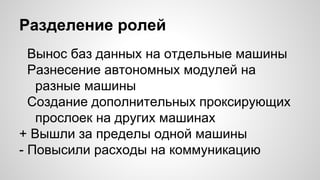 Разделение ролей
Вынос баз данных на отдельные машины
Разнесение автономных модулей на
разные машины
Создание дополнительных проксирующих
прослоек на других машинах
+ Вышли за пределы одной машины
- Повысили расходы на коммуникацию
 