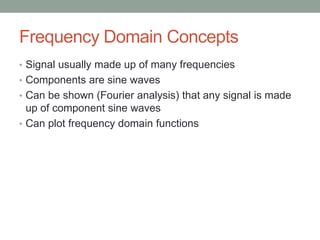 Frequency Domain Concepts
• Signal usually made up of many frequencies
• Components are sine waves
• Can be shown (Fourier analysis) that any signal is made
  up of component sine waves
• Can plot frequency domain functions
 