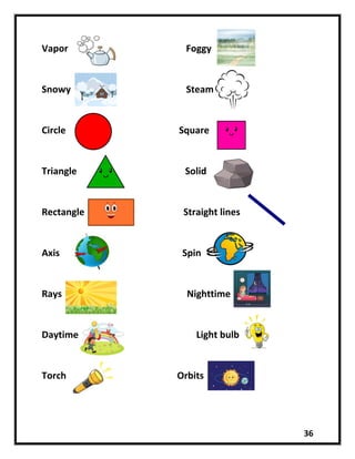 36
Vapor Foggy
Snowy Steam
Circle Square
Triangle Solid
Rectangle Straight lines
Axis Spin
Rays Nighttime
Daytime Light bulb
Torch Orbits
 