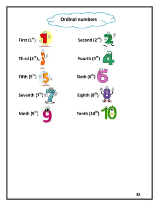 38
First (1st
) Second (2nd
)
Third (3rd
) Fourth (4th
)
Fifth (5th
) Sixth (6th
)
Seventh (7th
) Eighth (8th
)
Ninth (9th
) Tenth (10th
)
Ordinal numbers
 