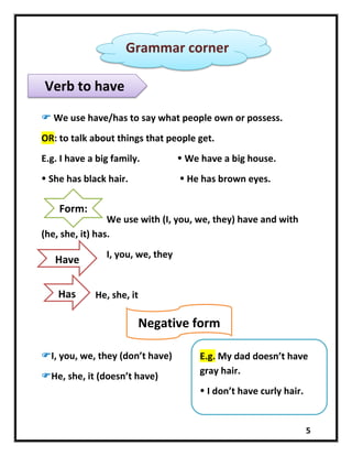5
 We use have/has to say what people own or possess.
OR: to talk about things that people get.
E.g. I have a big family.  We have a big house.
 She has black hair.  He has brown eyes.
We use with (I, you, we, they) have and with
(he, she, it) has.
I, you, we, they
He, she, it
I, you, we, they (don’t have)
He, she, it (doesn’t have)
Grammar corner
Verb to have
Form:
Have
Has
Negative form
E.g. My dad doesn’t have
gray hair.
 I don’t have curly hair.
 