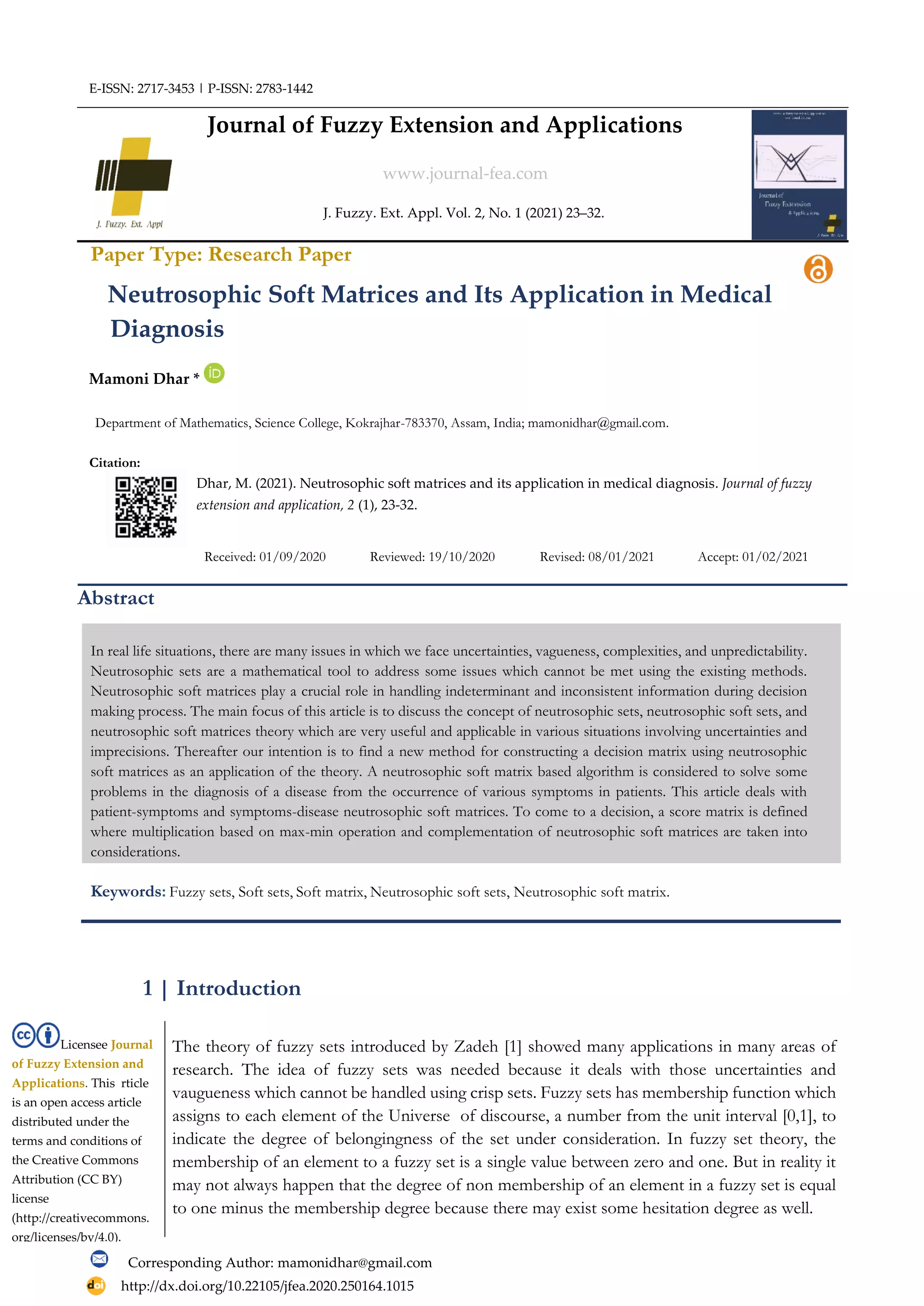 Neutrosophic soft matrices and its application in medical diagnosis | PDF
