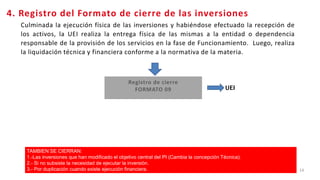 14
Registro
de
Cierre
Culminada la ejecución física de las inversiones y habiéndose efectuado la recepción de
los activos, la UEI realiza la entrega física de las mismas a la entidad o dependencia
responsable de la provisión de los servicios en la fase de Funcionamiento. Luego, realiza
la liquidación técnica y financiera conforme a la normativa de la materia.
UEI
4. Registro del Formato de cierre de las inversiones
Registro de cierre
FORMATO 09
TAMBIEN SE CIERRAN:
1.-Las inversiones que han modificado el objetivo central del PI (Cambia la concepción Técnica).
2.- Si no subsiste la necesidad de ejecutar la inversión.
3.- Por duplicación cuando existe ejecución financiera.
 