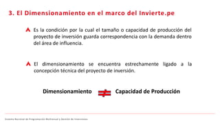 Sistema Nacional de Programación Multianual y Gestión de Inversiones
Es la condición por la cual el tamaño o capacidad de producción del
proyecto de inversión guarda correspondencia con la demanda dentro
del área de influencia.
Dimensionamiento Capacidad de Producción
El dimensionamiento se encuentra estrechamente ligado a la
concepción técnica del proyecto de inversión.
3. El Dimensionamiento en el marco del Invierte.pe
 