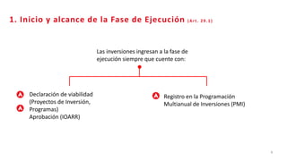 4
Declaración de viabilidad
(Proyectos de Inversión,
Programas)
Aprobación (IOARR)
Registro en la Programación
Multianual de Inversiones (PMI)
1. Inicio y alcance de la Fase de Ejecución (Art. 29.1)
Las inversiones ingresan a la fase de
ejecución siempre que cuente con:
 