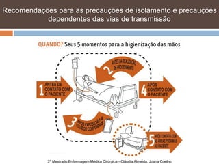 Recomendações para as precauções de isolamento e precauções
           dependentes das vias de transmissão




            2º Mestrado Enfermagem Médico Cirúrgica - Cláudia Almeida, Joana Coelho
 