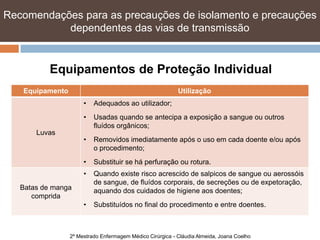 Recomendações para as precauções de isolamento e precauções
           dependentes das vias de transmissão


           Equipamentos de Proteção Individual
   Equipamento                                             Utilização
                      •   Adequados ao utilizador;
                      •   Usadas quando se antecipa a exposição a sangue ou outros
                          fluídos orgânicos;
       Luvas
                      •   Removidos imediatamente após o uso em cada doente e/ou após
                          o procedimento;
                      •   Substituir se há perfuração ou rotura.
                      •   Quando existe risco acrescido de salpicos de sangue ou aerossóis
                          de sangue, de fluídos corporais, de secreções ou de expetoração,
   Batas de manga         aquando dos cuidados de higiene aos doentes;
      comprida
                      •   Substituídos no final do procedimento e entre doentes.



                 2º Mestrado Enfermagem Médico Cirúrgica - Cláudia Almeida, Joana Coelho
 