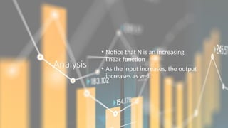 Analysis
• Notice that N is an increasing
linear function
• As the input increases, the output
increases as well
 