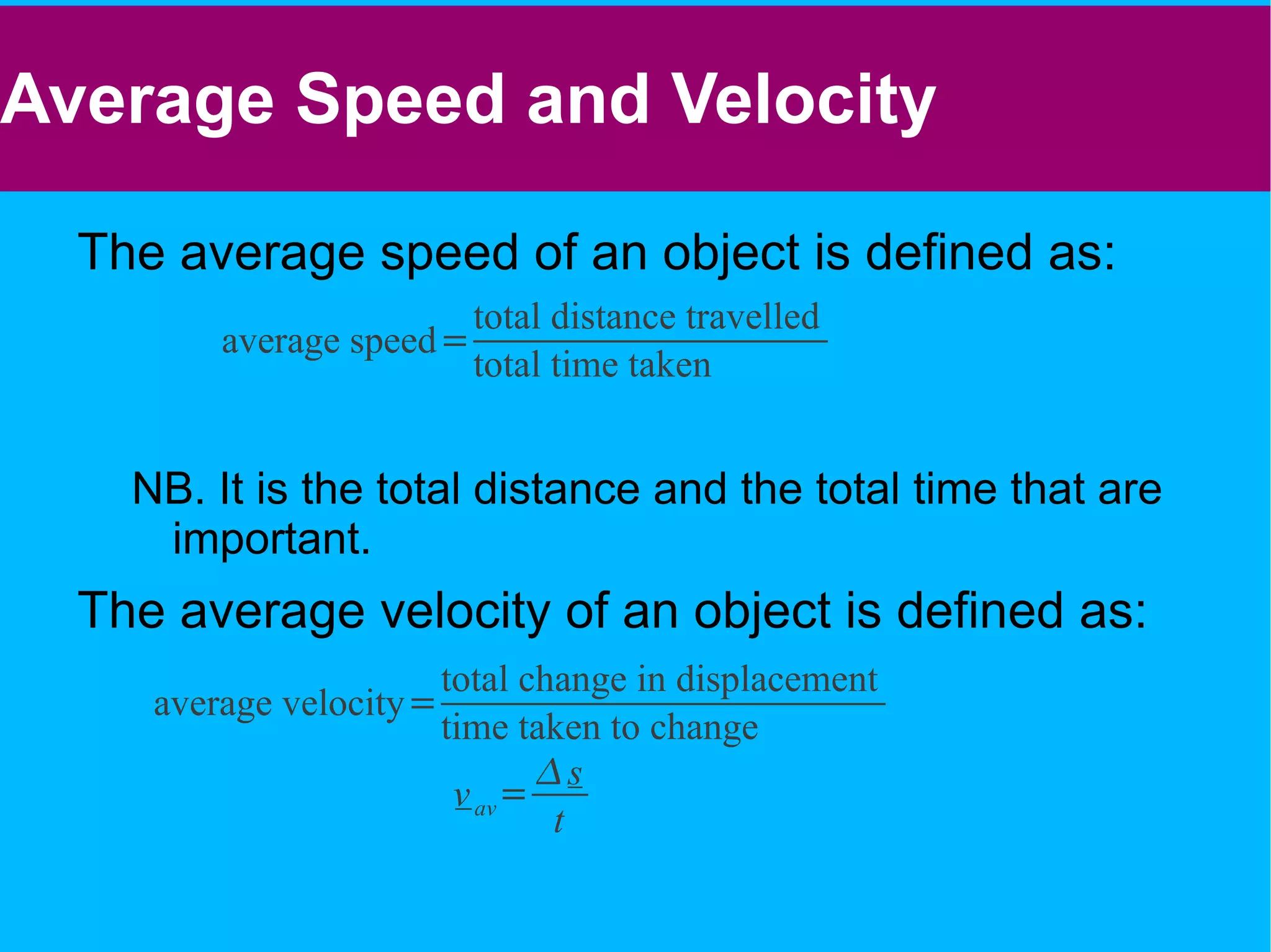 There are a number of key terms to define; Displacement – This is the distance from a given starting point to the current position in a straight line. 