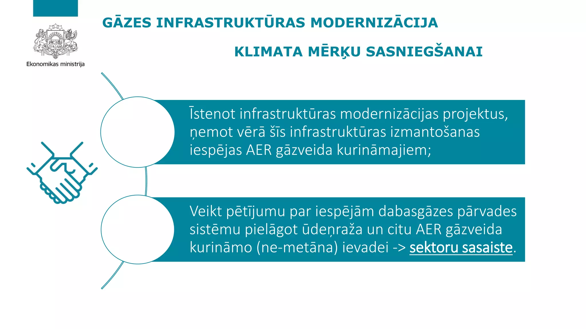 GĀZES INFRASTRUKTŪRAS MODERNIZĀCIJA
KLIMATA MĒRĶU SASNIEGŠANAI
Īstenot infrastruktūras modernizācijas projektus,
ņemot vērā šīs infrastruktūras izmantošanas
iespējas AER gāzveida kurināmajiem;
Veikt pētījumu par iespējām dabasgāzes pārvades
sistēmu pielāgot ūdeņraža un citu AER gāzveida
kurināmo (ne-metāna) ievadei -> sektoru sasaiste.
 